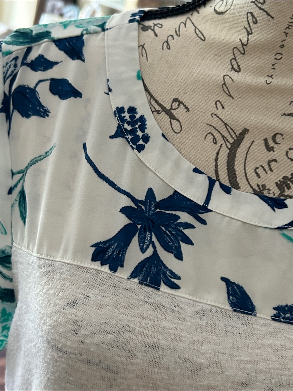 Floral Panel Short Sleeve Top White Teal & Blue Medium - Picture 4 of 7